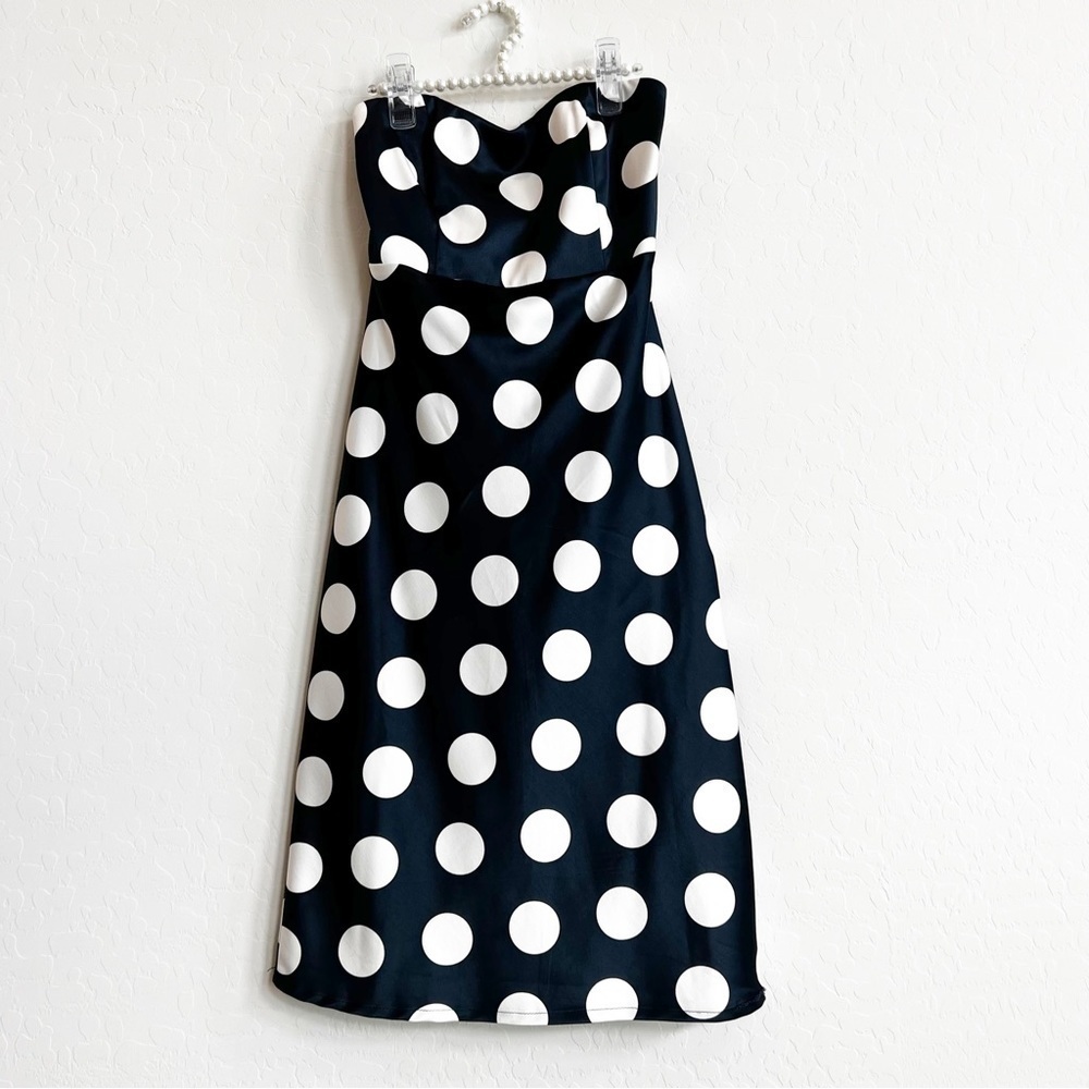 Bardot Women's Satin Polka Dot Strapless Dress Sweetheart Navy Tie Back 4/XS - Picture 2 of 6